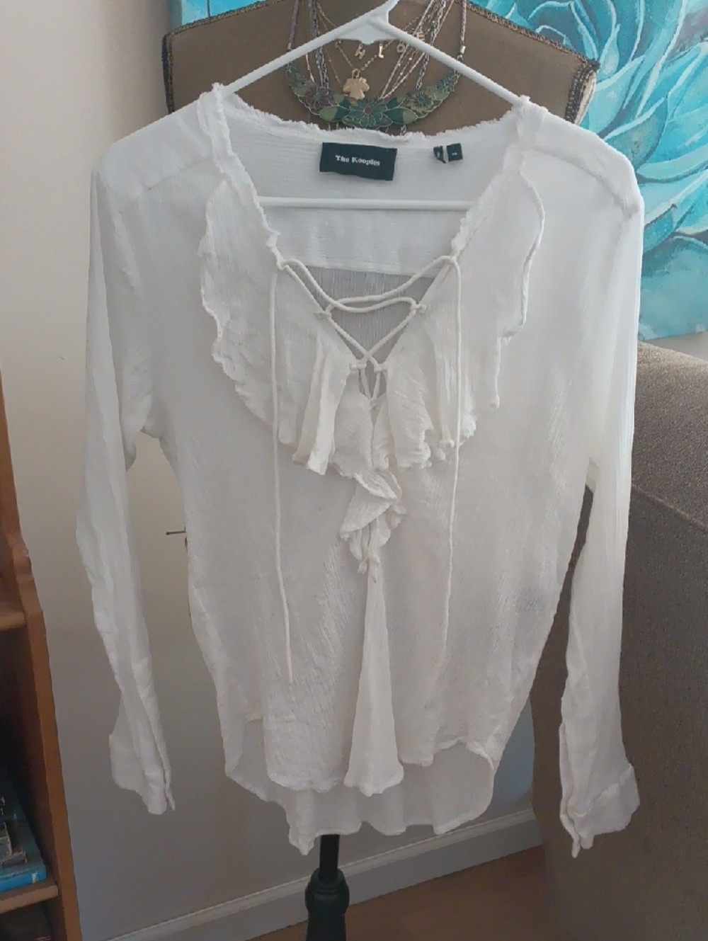 The Kooples White Ruffle Lace-Up Long Sleeve Blouse